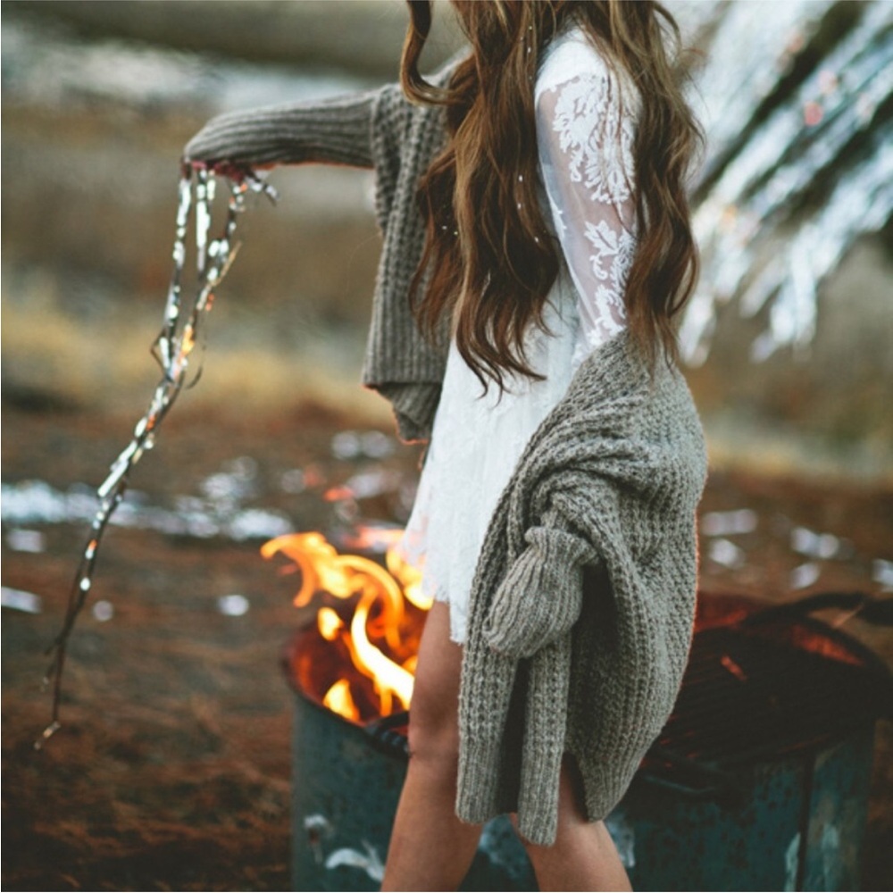 FREE PEOPLE Waffling Around Charcoal Breeze Oversized Cardigan Wool/Angora Blend